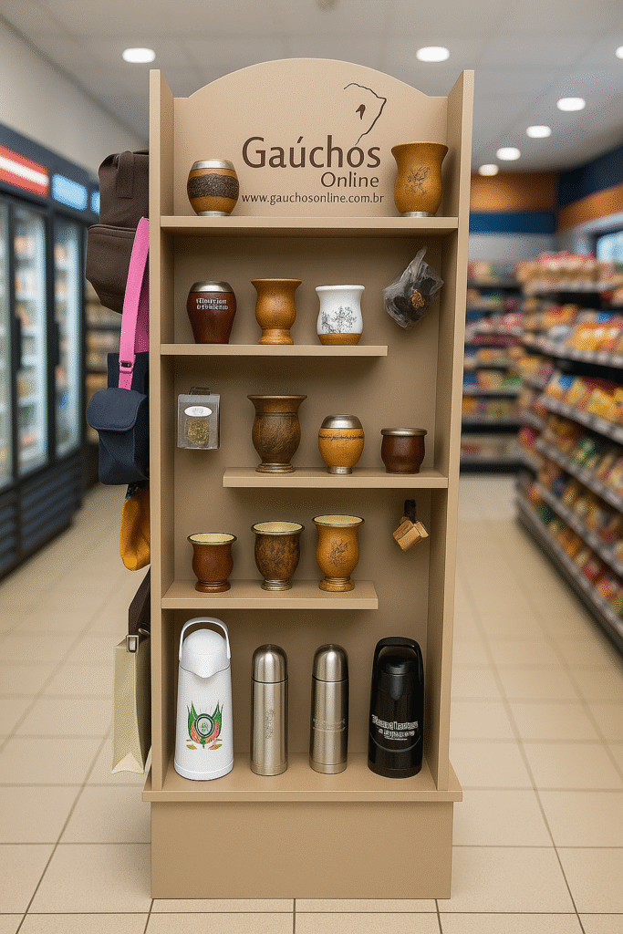 Display da Gaúchos Online montado com cuias, térmicas e bolsas em ponto de venda de conveniência.